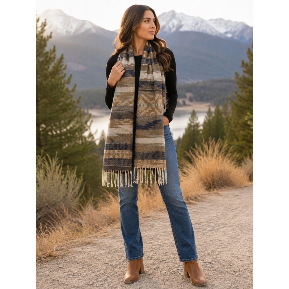 Baby Alpaca Cashmere Striped Woven Fringe Rectangle Scarf Blue/Ivory/Beige 72x30